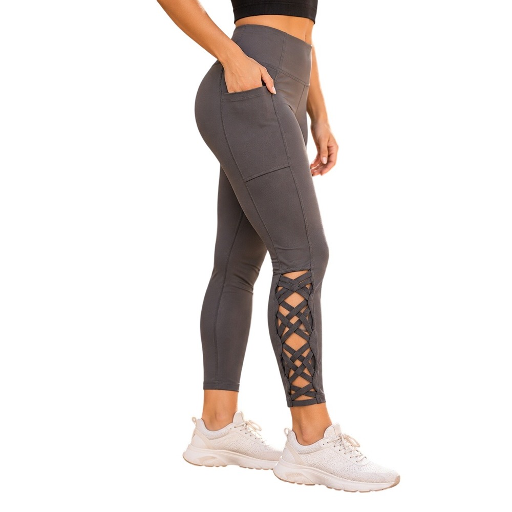 Marika Legging Gray High Waist Lattice Cutout Side Ankle Pocket Athletic Yoga s